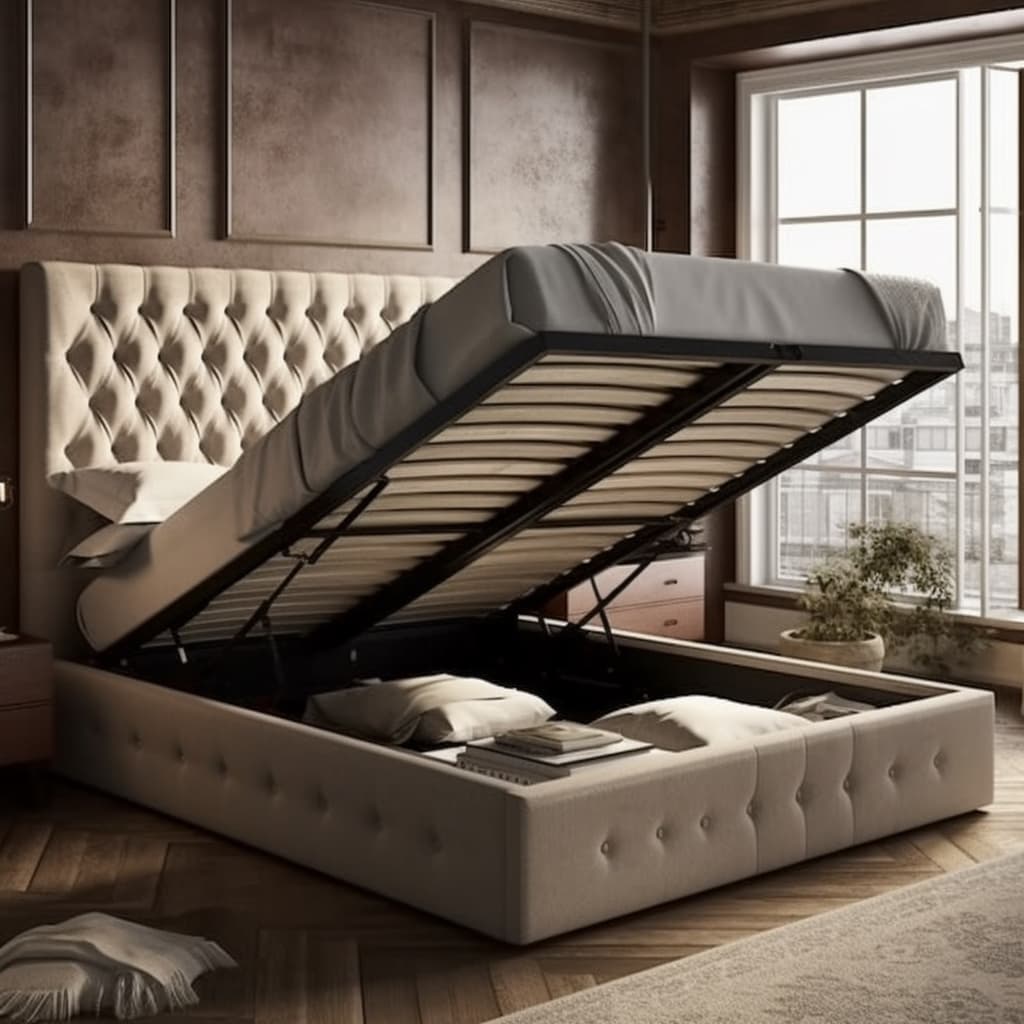 Изображение к статье "Хранение в спальне: особенности выбора двуспальной кровати с подъемным механизмом"